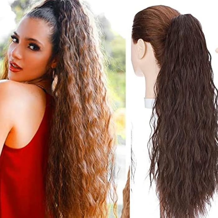 DILLARDS Long Wavy Curly Clip On Pony Tail Hair Pieces Wrap Around Ponytail Extension For Woman Synthetic Hair Extension Hairpiece Dark Brown - Image 1